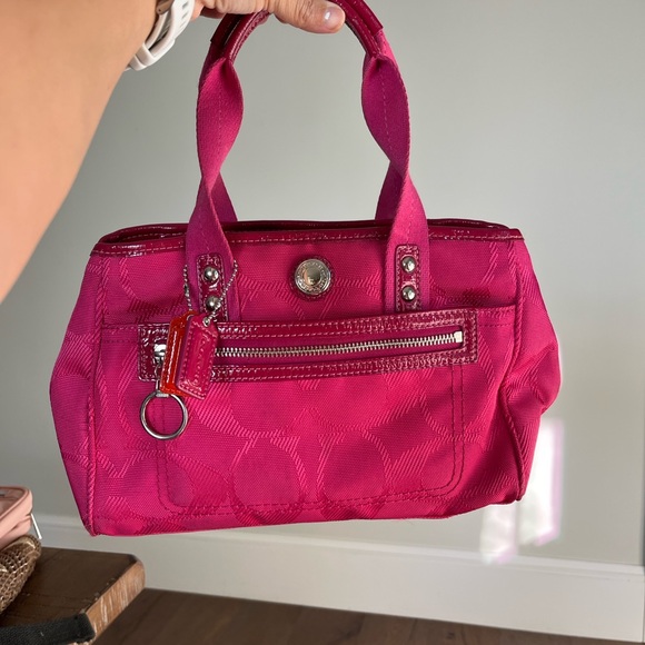 Coach Signature C Embossed Canvas Patent Trim Satchel Tote Bag Hot Pink - Picture 1 of 12